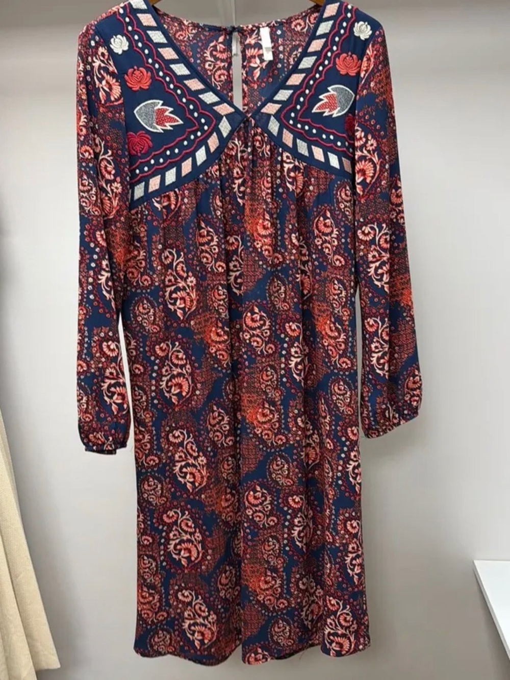 Xhilaration Navy & Rust Floral Long Sleeve Midi Dress